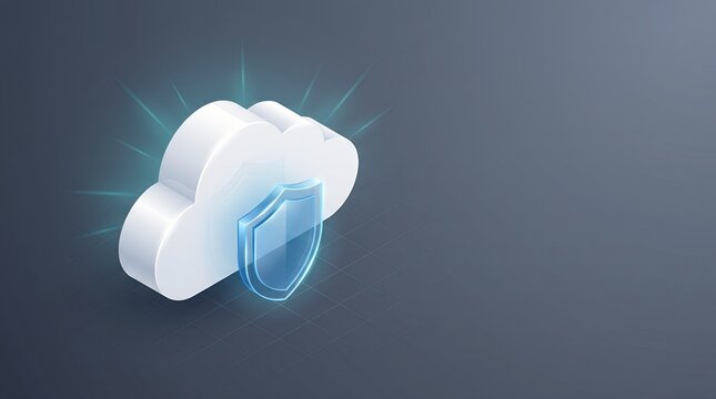 3D isometric cloud computing security icon with glowing shield on dark background with copy space