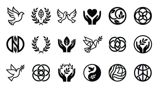 Set of black and white vector icons representing peace unity harmony environment and global social responsibility concepts for design