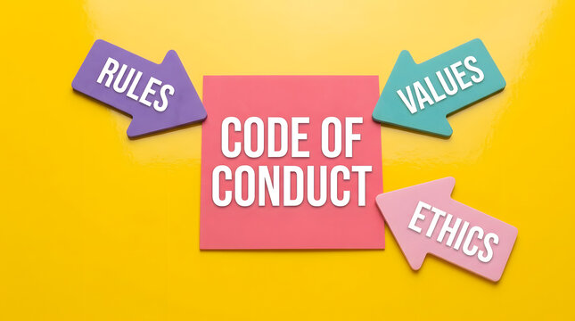 Code of conduct concept with rules values and ethics on yellow background with moral