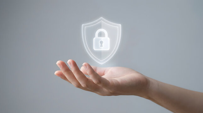 A person holding a glowing digital shield icon with a lock symbol with cybersecurity
