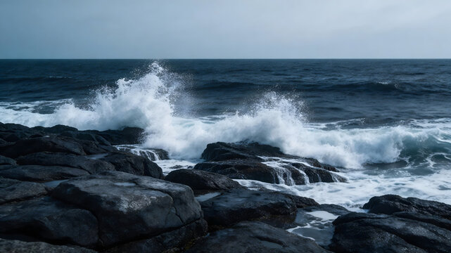Dark rocky shore with crashing white waves on overcast day