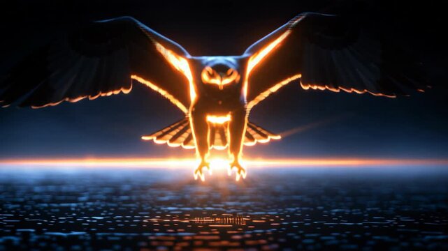 Majestic eagle flying above a reflective landscape with glowing orange energy trails, creating a powerful futuristic scene symbolizing freedom, strength and speed.