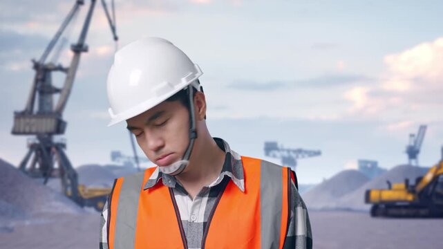 Close Up Of Asian Male Engineer With Safety Helmet Having A Headache While Working at Gravel Stockpile Yard with Cranes and Excavators