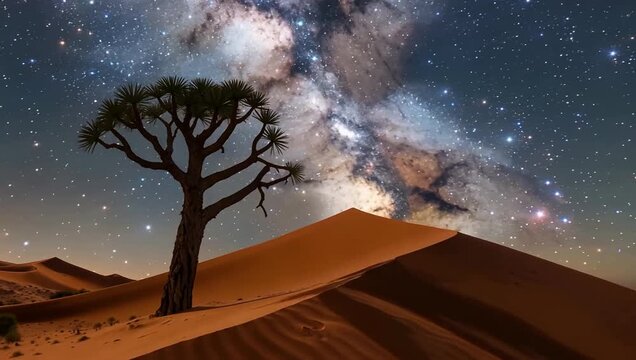 Solitary dead camel thorn tree silhouette and giant red sand dunes in Namib-Naukluft Park Namibia.