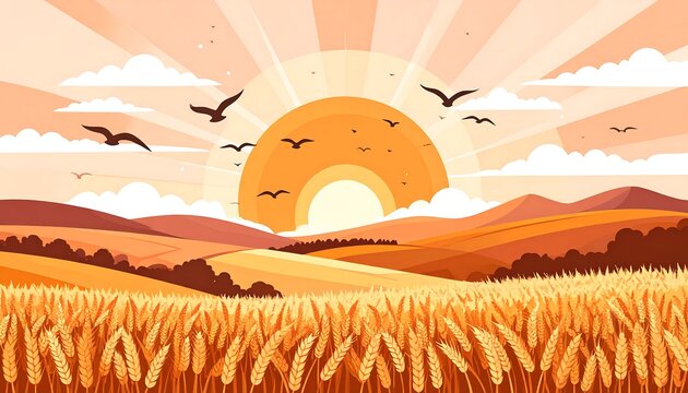Golden wheat field landscape under a vibrant sunset sky with flying birds and mountains, flat vector illustration for harvest and agriculture theme