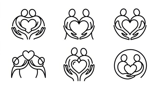 Set of minimalist line art icons featuring people holding hearts representing love care unity and community support concepts