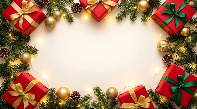 Christmas gift border frame with red presents and pine branches