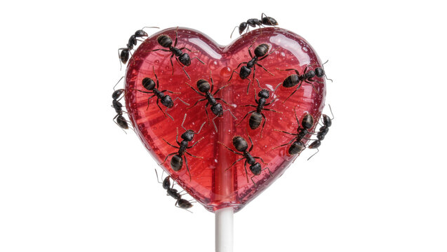 Numerous black ants swarming a shiny red heart-shaped lollipop, isolated on transparent background