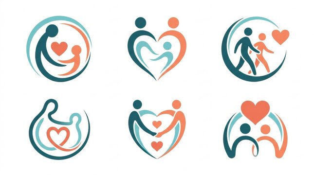Set of abstract family and couple icons featuring heart shapes representing love care connection and community support concepts
