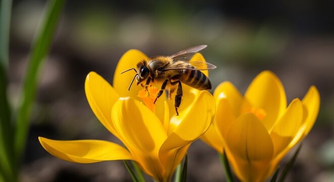 Honeybee on a yellow crocus flower in spring