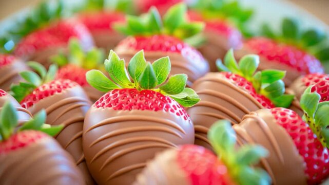 Fresh ripe strawberries coated in smooth milk chocolate, arranged in a colorful close-up composition with vibrant fruit and soft bokeh background.