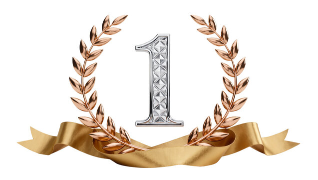 Silver number one emblem with bronze laurel wreath and gold ribbon, isolated on transparent background