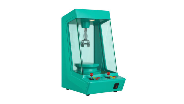 Teal arcade claw machine with joysticks and buttons, isolated on transparent background