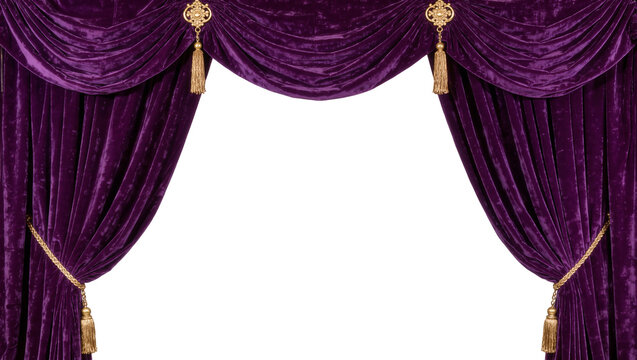 Plush purple velvet curtains with gold tassels, isolated on transparent background