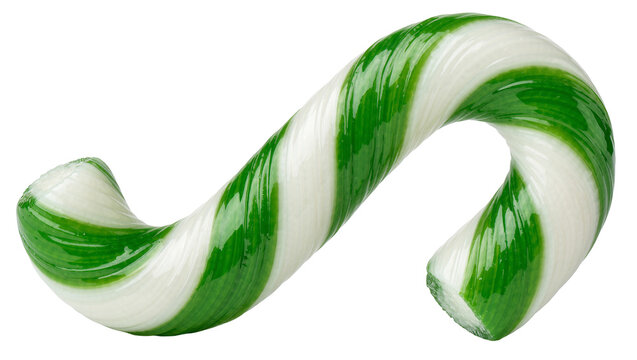 Green and white striped candy cane, isolated on transparent background