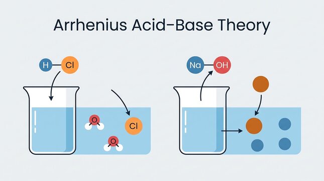 Arrhenius acid-base theory diagram showing dissociation of hydrogen and hydroxide ions in aqueous solution for educational chemistry study