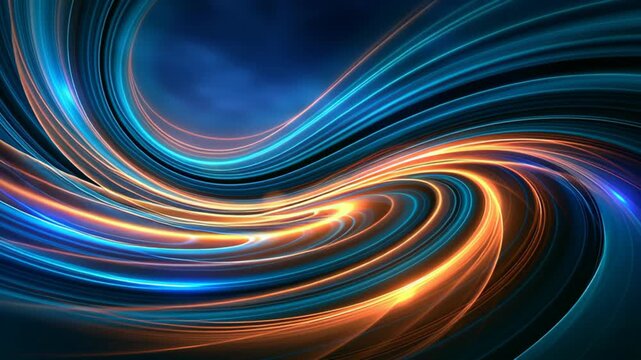Abstract flowing light waves in deep blue and orange, creating a spiritual and cosmic atmosphere that represents energy, harmony, meditation and transformation.