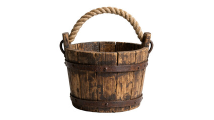 Rustic wooden bucket with metal bands and thick rope handle, isolated on transparent background © Adrian