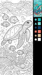 Fototapeta premium Sea Turtle Color by Shape Educational Worksheet for Kids