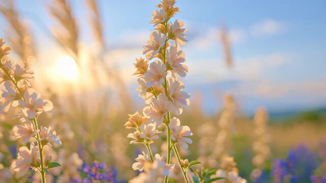 Delicate pink wildflowers blooming in a sunlit meadow, with soft golden light, blue sky and blurred natural landscape creating a peaceful spring scene.