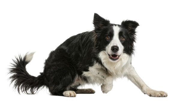 Energetic black and white Border Collie dog in playful pose, isolated on transparent background