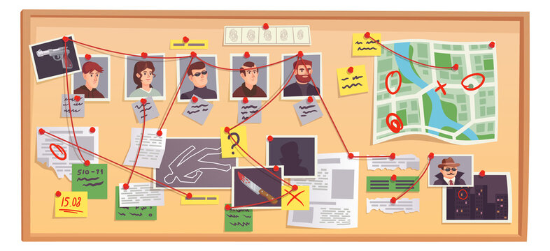 Crime investigation board cartoon icon. Evidence research