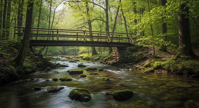 Wooden bridge over a forest stream in spring