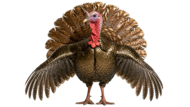 Male turkey displaying fanned tail feathers and wings, isolated on transparent background