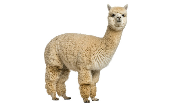 Fluffy light brown alpaca standing, isolated on transparent background