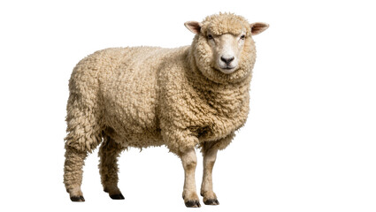 Fluffy sheep with thick wool standing and looking forward, isolated on transparent background © Adrian