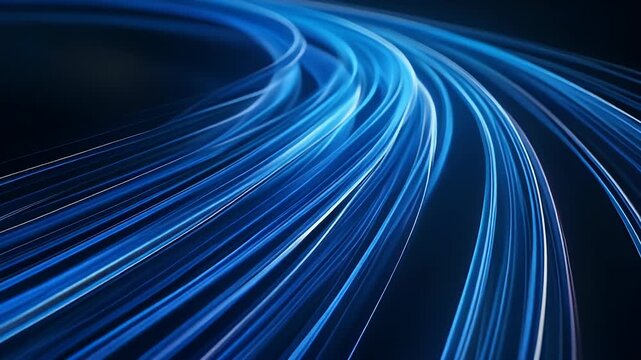 A triptych of abstract blue light streaks curving across a dark background, suggesting speed and movement.
