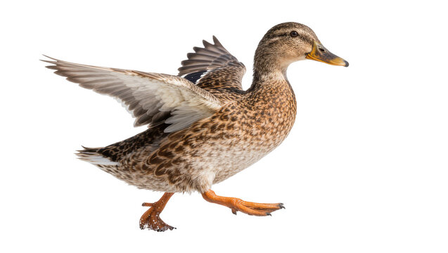 Brown mallard duck with wings spread running, isolated on transparent background