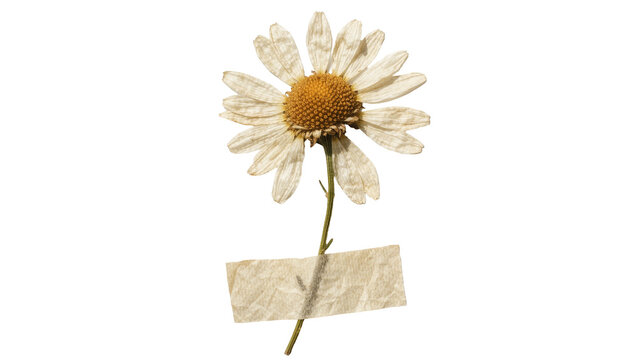 Dried daisy flower with yellow center and white petals taped with textured paper, isolated on transparent background