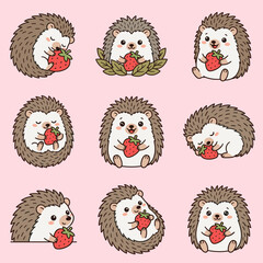 Fototapeta premium Cute cartoon hedgehog character set holding and eating sweet red strawberry fruit illustrations