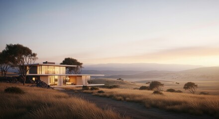 Obraz premium Modern architectural home nestled in a scenic landscape during golden hour sunset.