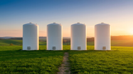 Fototapeta premium Four white industrial storage tanks standing in a green field at sunset with horizon