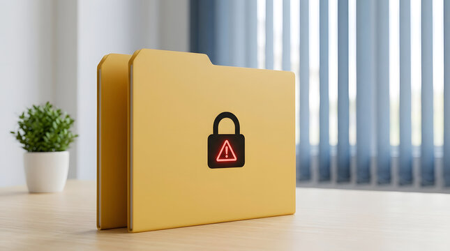 Yellow folder with a security warning lock icon sitting on a desk with yellow file