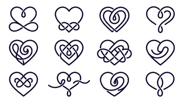 A collection of twelve unique hand drawn heart icons featuring intricate line art and decorative knotwork style designs