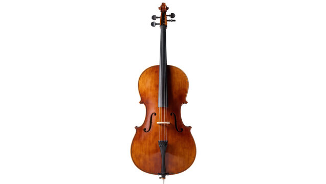 Orchestral cello with wooden body and strings, isolated on transparent background
