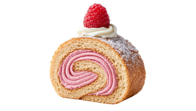 Rolled sponge cake with pink raspberry cream filling topped with whipped cream and fresh raspberry, isolated on transparent background