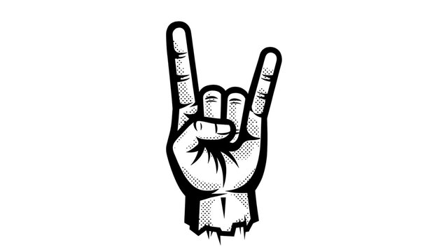 Black and white rock and roll hand gesture, isolated on transparent background