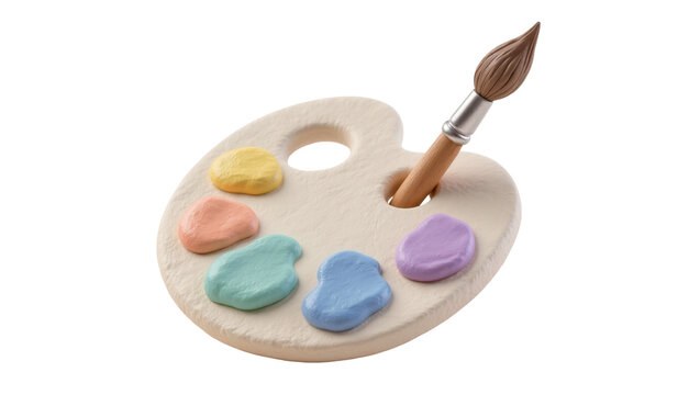 Artist s wooden palette with colorful paint blobs and brush, isolated on transparent background