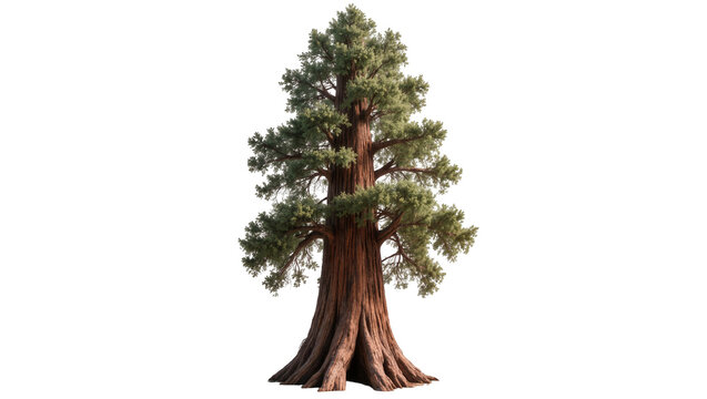 Giant redwood tree with thick textured bark and green foliage, isolated on transparent background