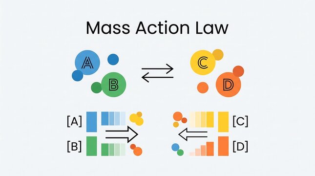 Mass action law visual demonstration showing chemical equilibrium between reactant and product concentrations with molecular icons for chemistry