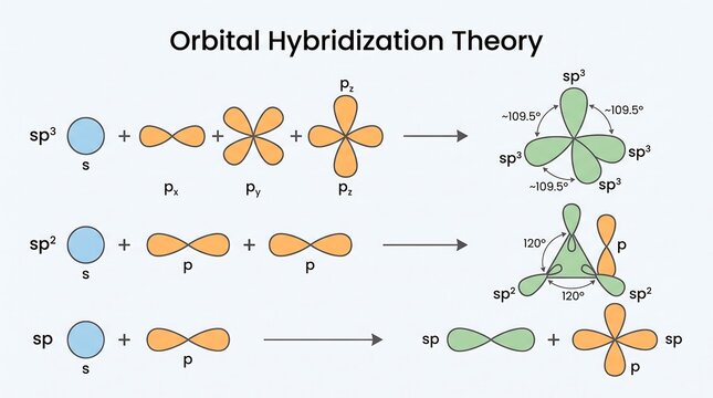 Orbital hybridization theory sp3 sp2 and sp diagrams vector illustration