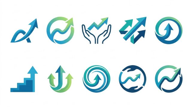 Set of modern blue and green business growth icons featuring upward arrows charts and circular design elements for presentations