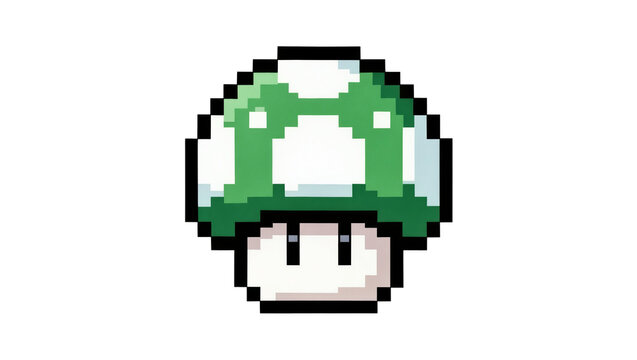 Pixelated green mushroom power-up from video games, isolated on transparent background