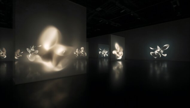 Generative AI creates luminous abstract floral projections in a dark gallery