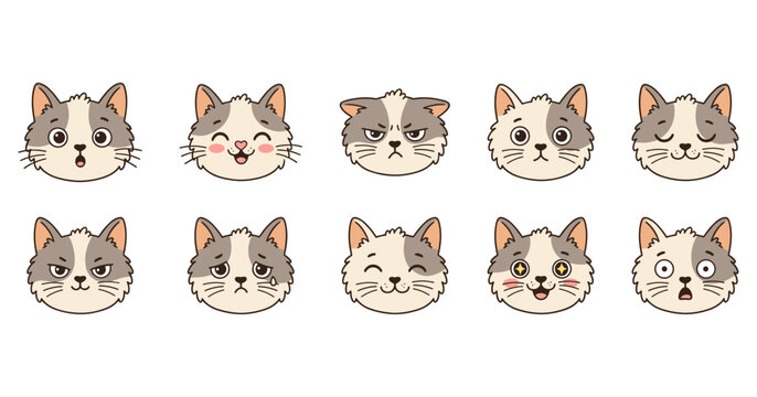 Cute cartoon cat face expression avatar set with funny happy angry surprised crying emotion faces