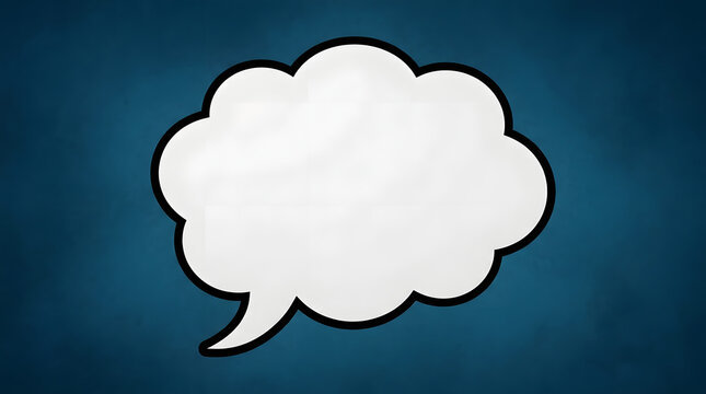 A white speech bubble with a black outline isolated on a dark blue background